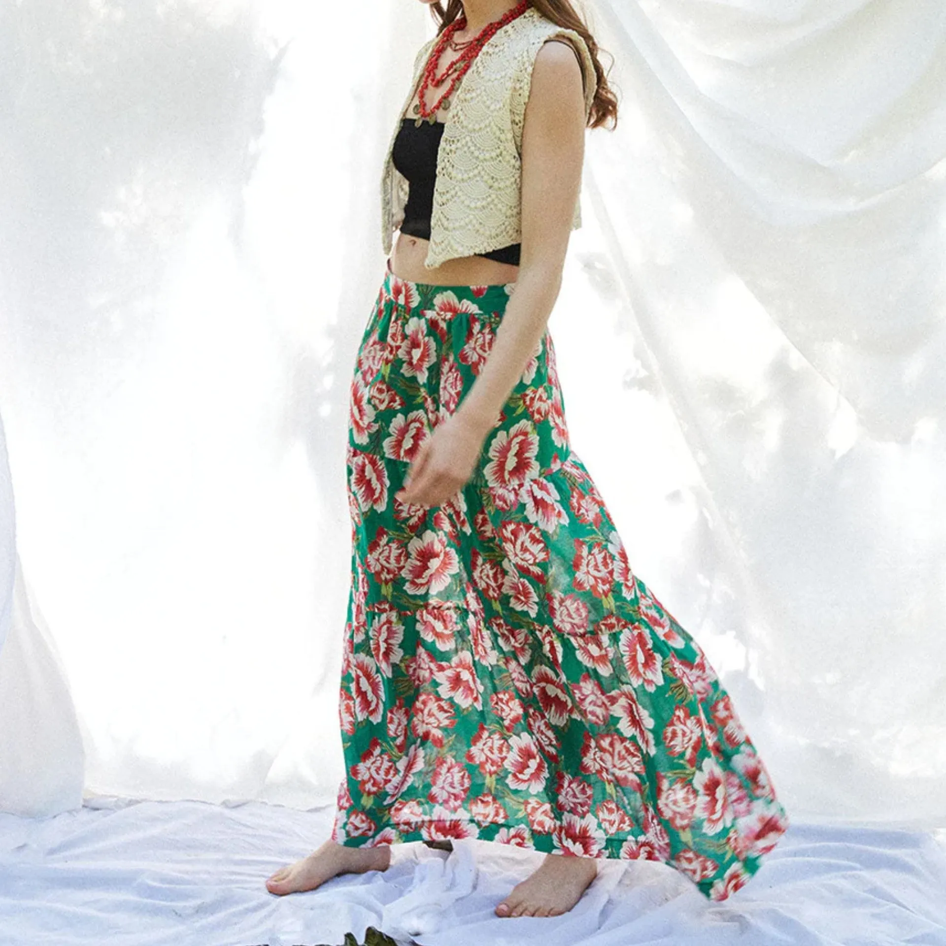 Athenes Skirt (Floral Print on Green Background)