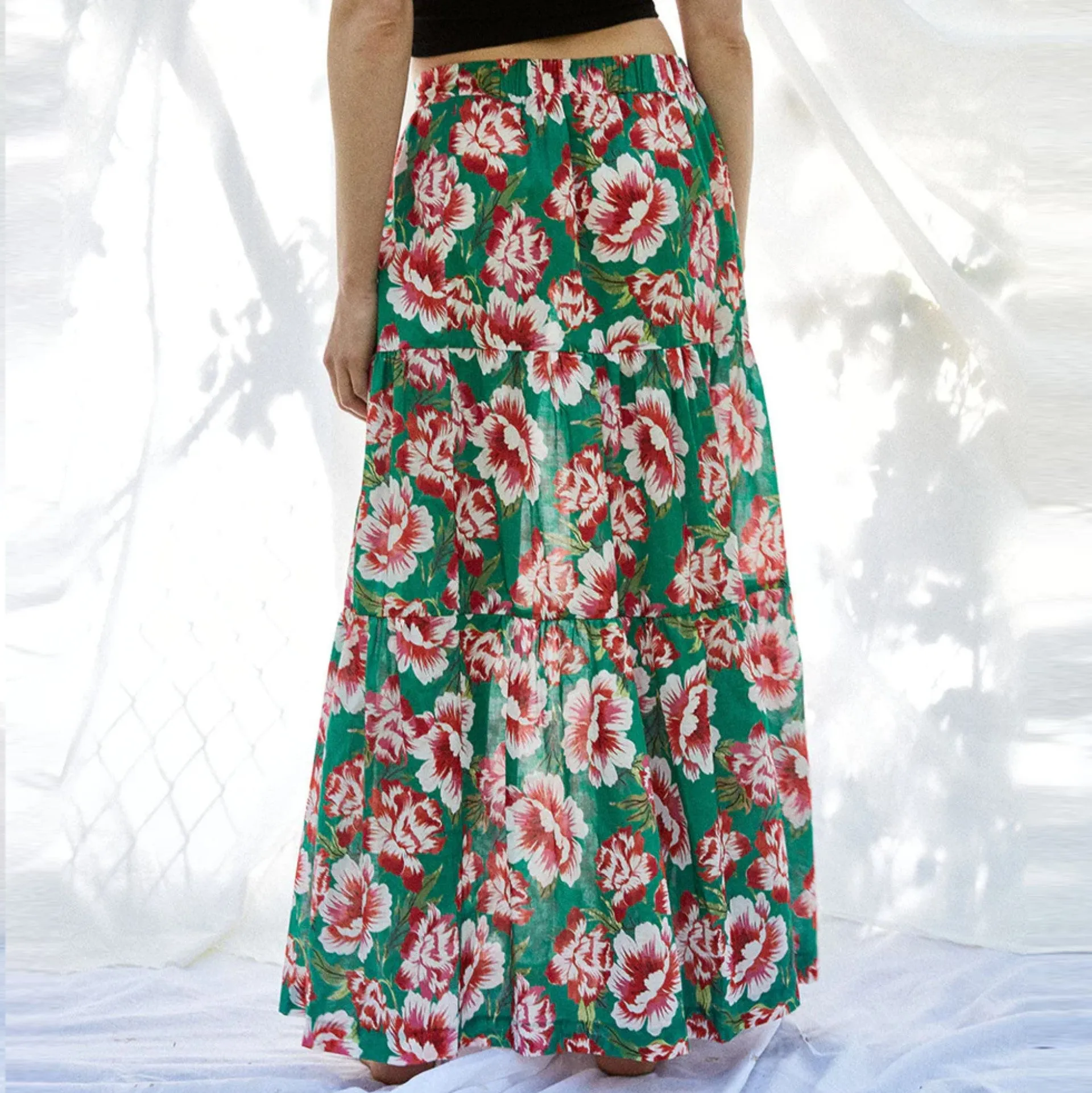 Athenes Skirt (Floral Print on Green Background)