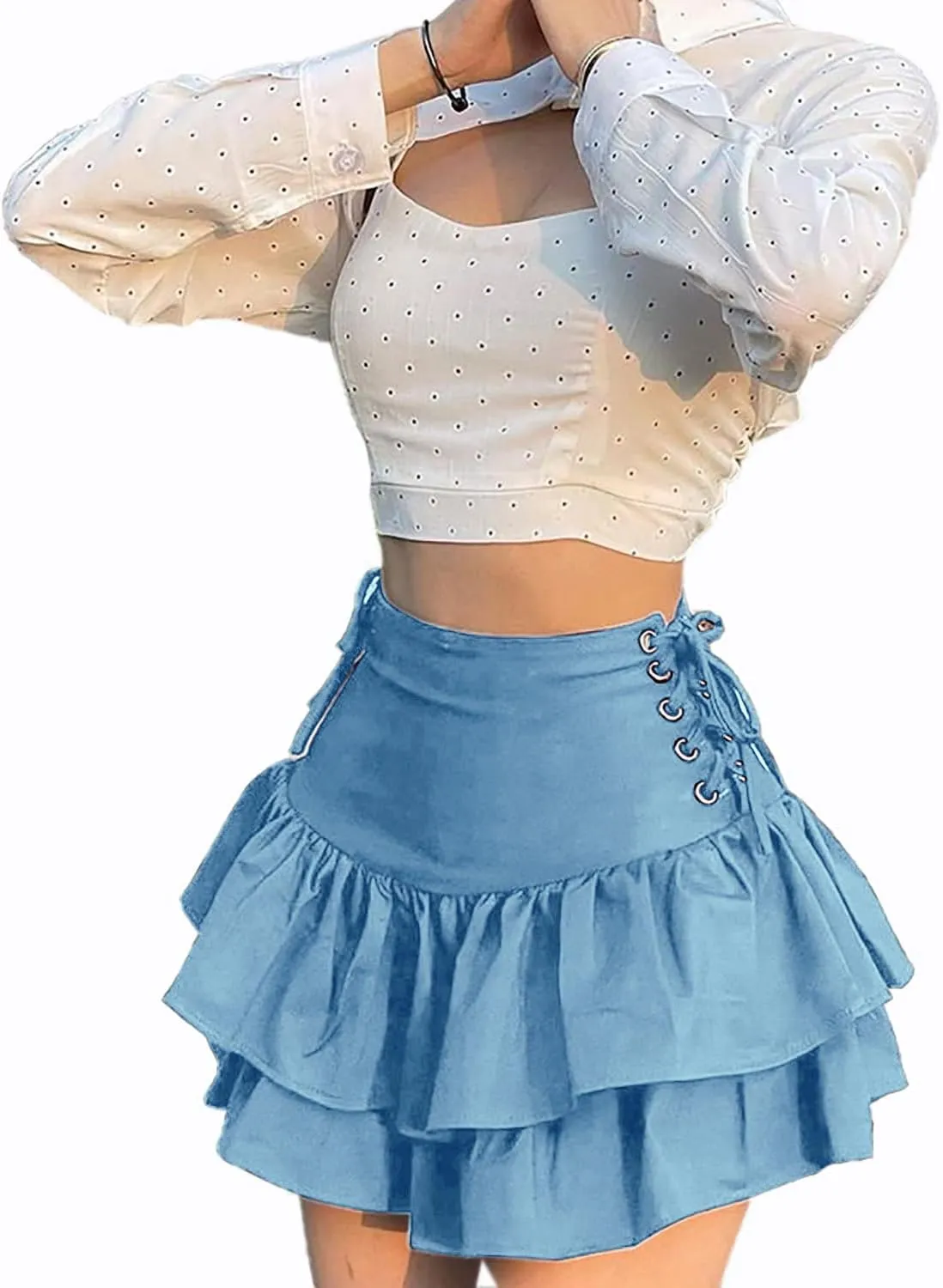 AULKEEP Womens Lace Up Skirts Goth Ruffle Mini Skirt Y2k Black High Waist Skirt Summer Punk Short Skirts