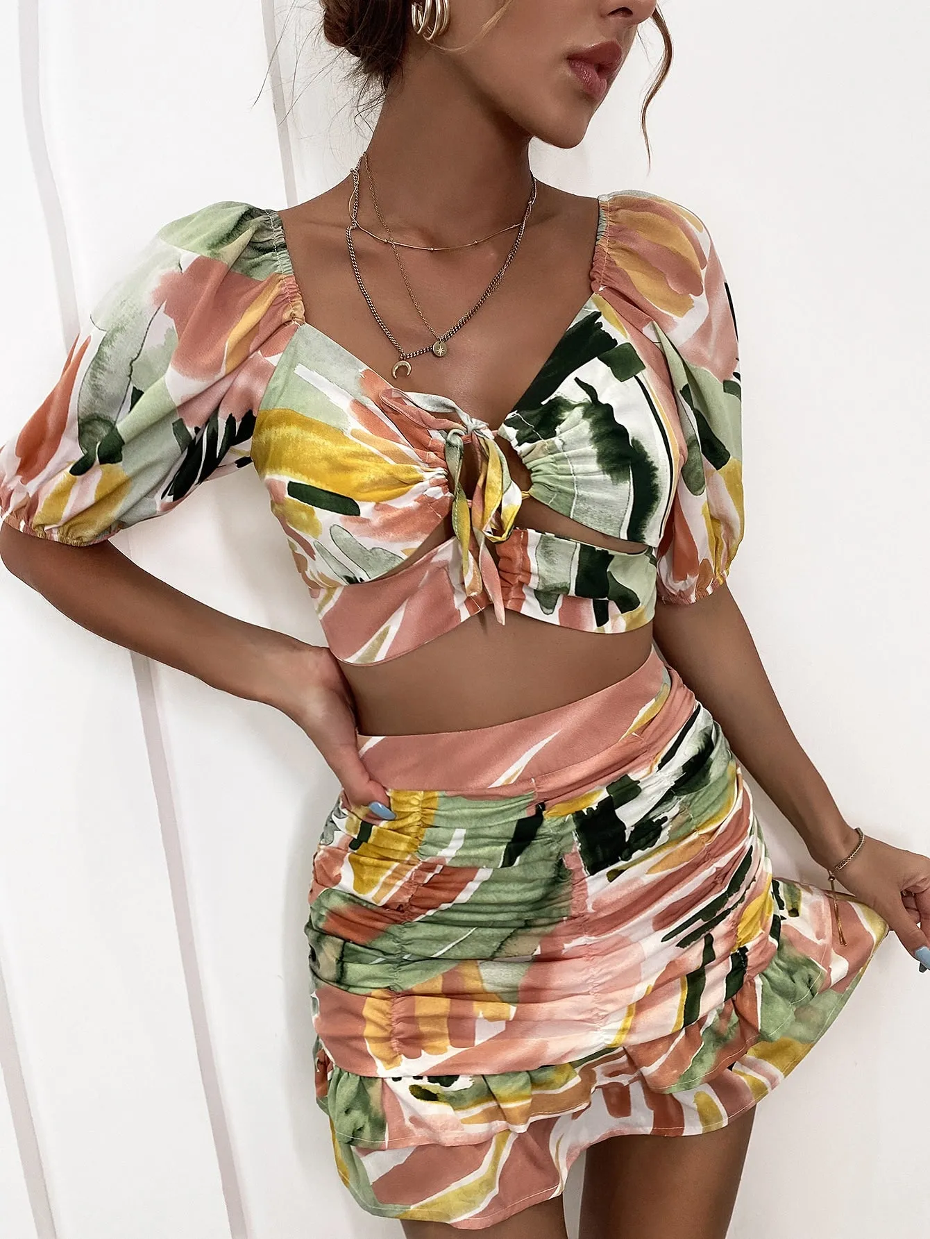 Boho Graphic Ruched High Waist Mini Women Skirts
