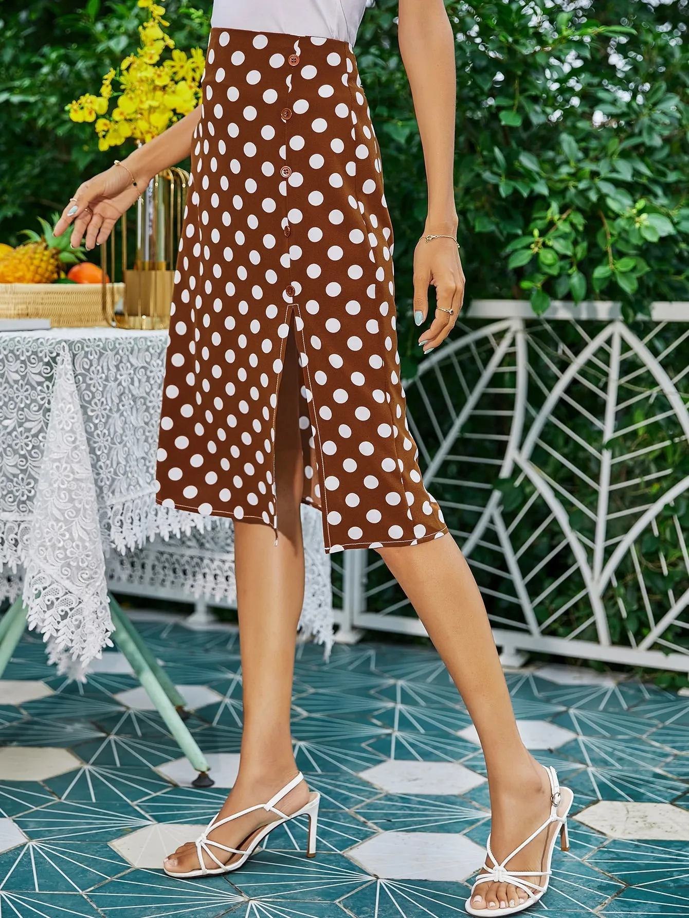Boho Polka Dot Split Thigh High Waist Midi Women Skirt