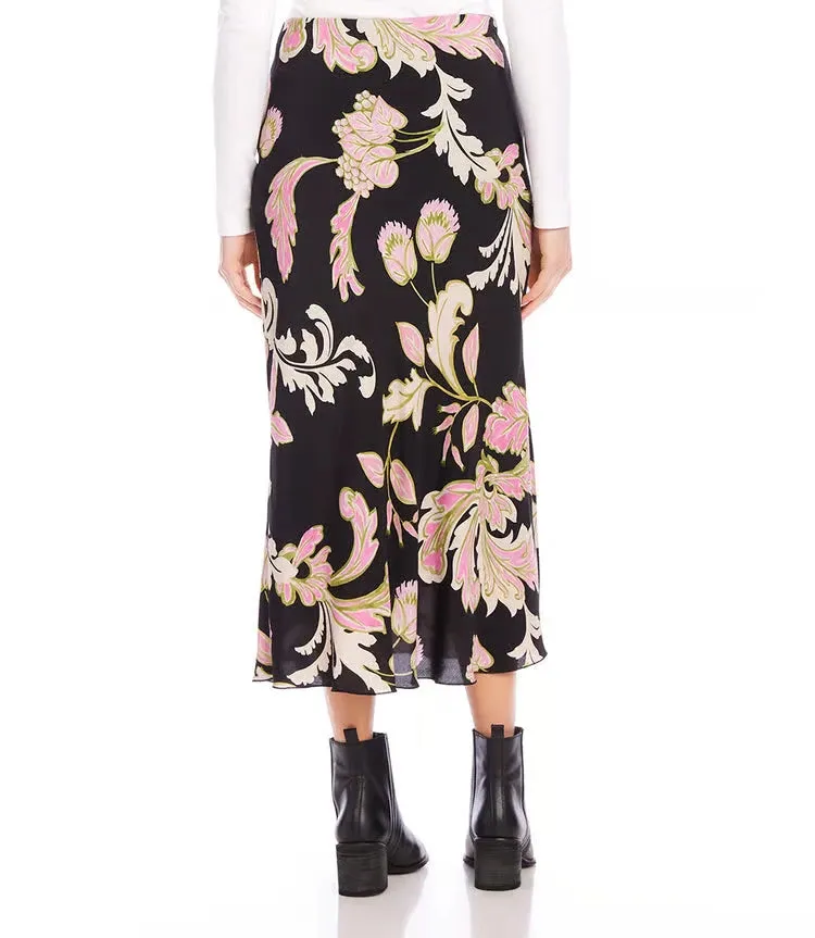 Brissa Bias Cut Midi Skirt in Pink Floral Print - Karen Kane 4L16800