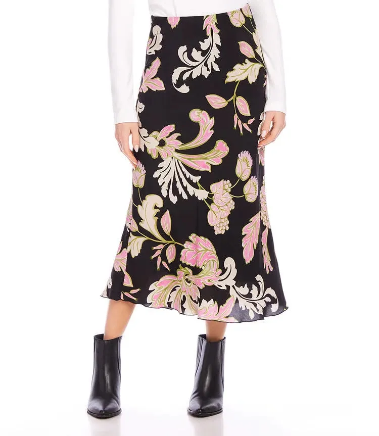 Brissa Bias Cut Midi Skirt in Pink Floral Print - Karen Kane 4L16800