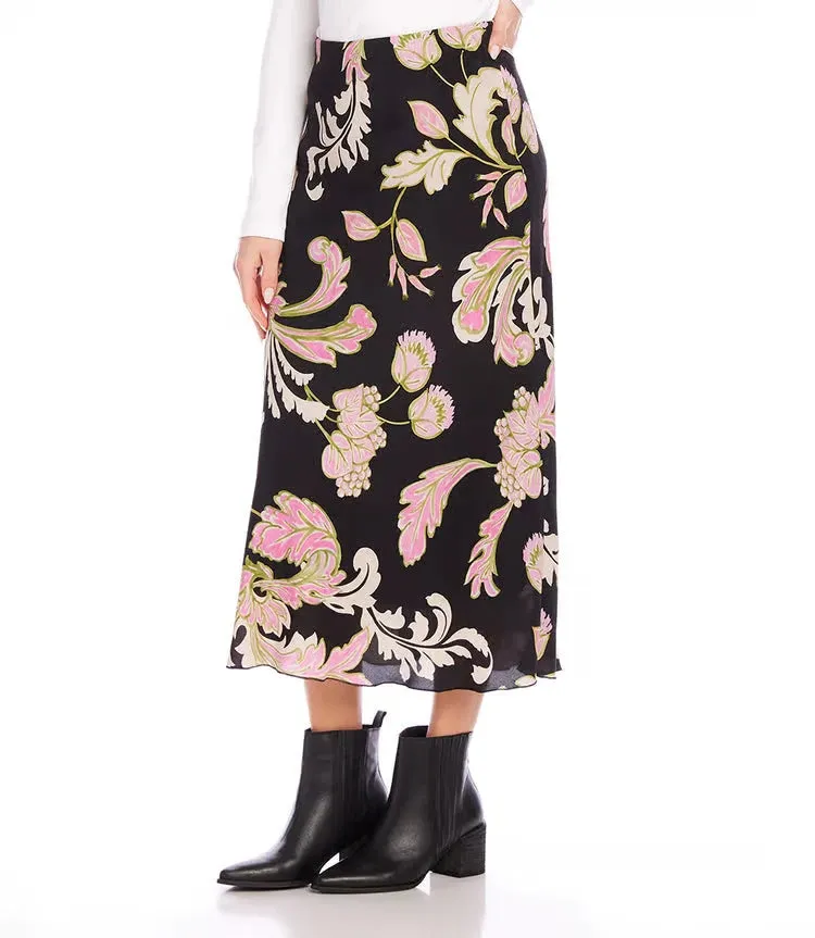 Brissa Bias Cut Midi Skirt in Pink Floral Print - Karen Kane 4L16800