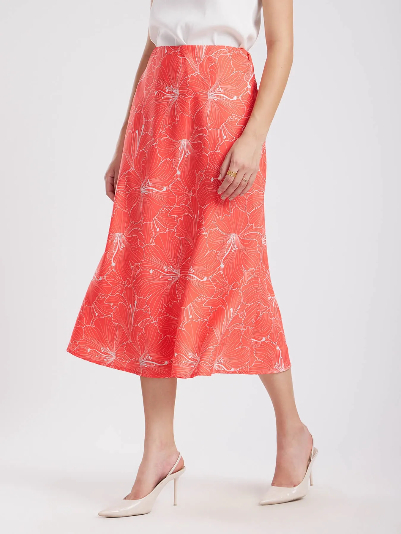 Floral Midi Skirt - Coral