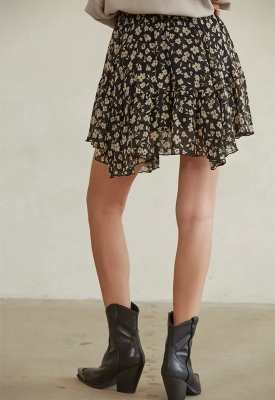 Floral Print Flare Skirt - Black