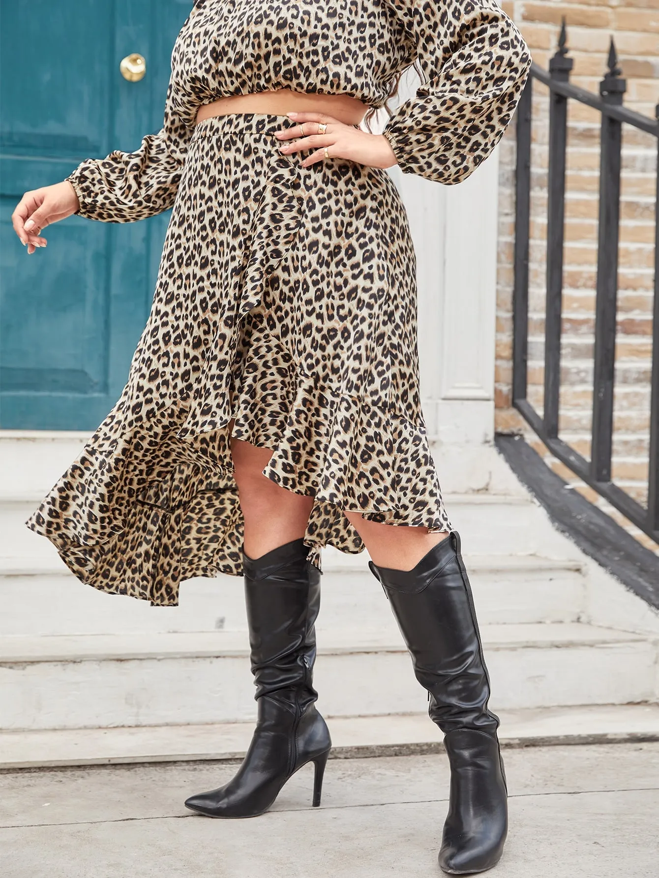 Leopard Ruffle Hem Midi Plus Size Skirts