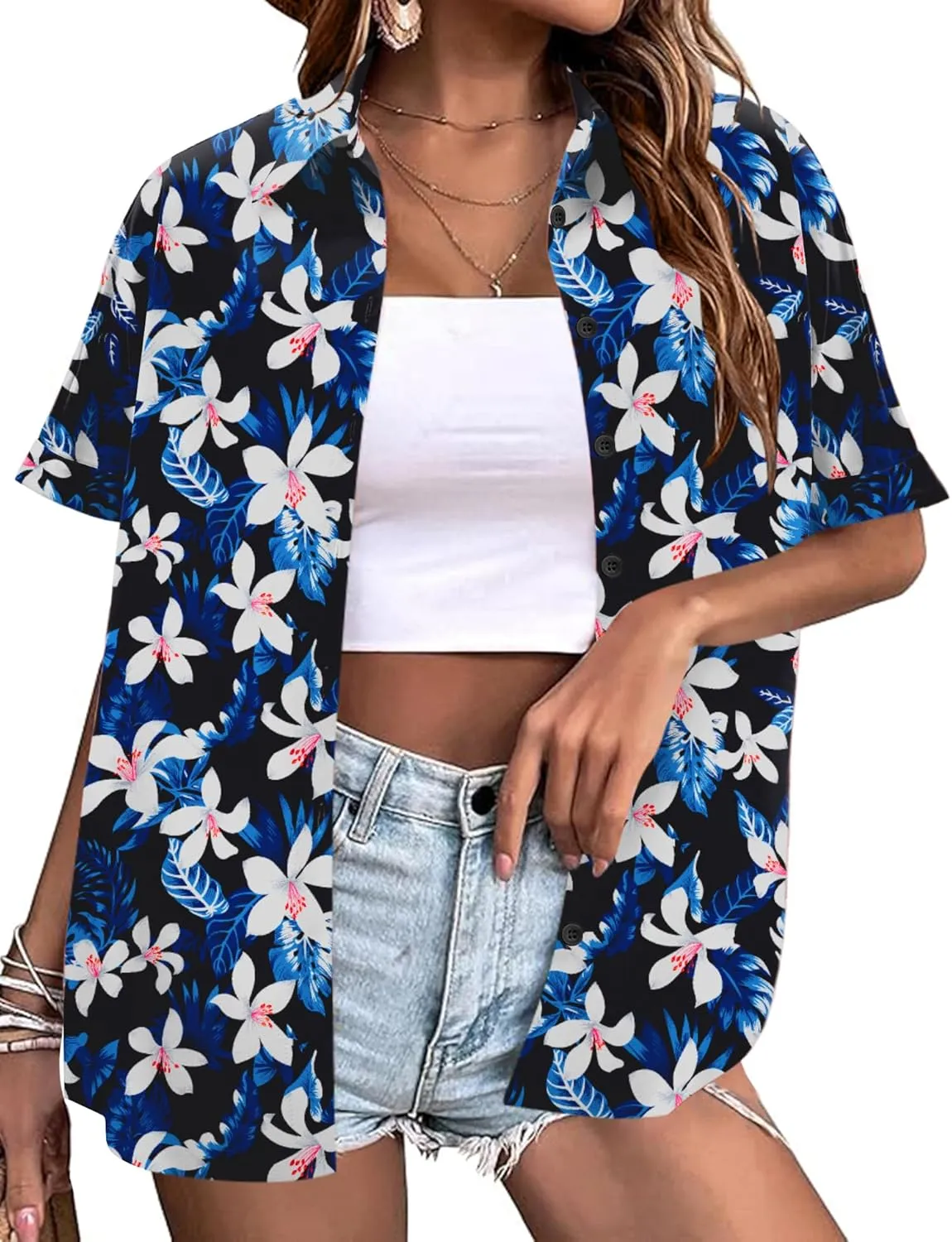 LOMON Women's Summer Hawaiian Shirts Floral Short Sleeve Button Down Shirts Hawaii Tropical Beach Tops Outfits