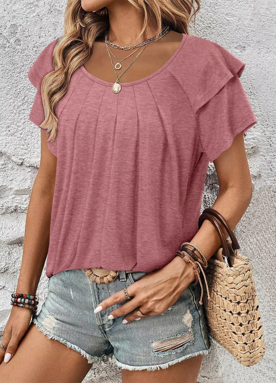 Magritta Women’s Shirts Dressy Casual Short Sleeve Blouses Loose Fit Pleated Front Summer Tunic Tops