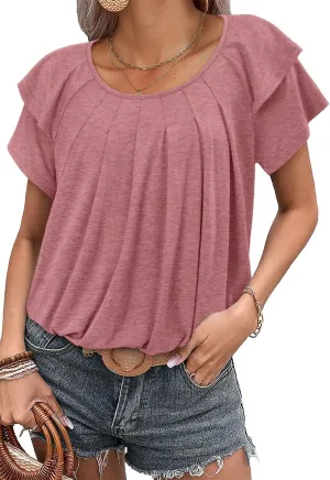 Magritta Women’s Shirts Dressy Casual Short Sleeve Blouses Loose Fit Pleated Front Summer Tunic Tops