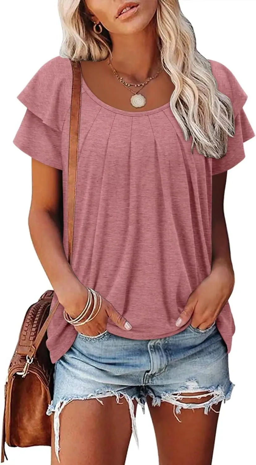 Magritta Women’s Shirts Dressy Casual Short Sleeve Blouses Loose Fit Pleated Front Summer Tunic Tops