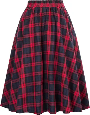 Midi Plaid Skirt for Womens 2024 Fashion Casual Elastic High Waist A-Line Flared Pleated Flowy Tartan Skirts