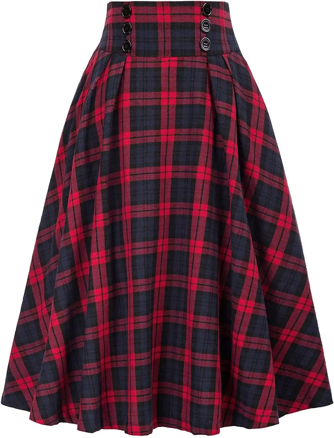 Midi Plaid Skirt for Womens 2024 Fashion Casual Elastic High Waist A-Line Flared Pleated Flowy Tartan Skirts