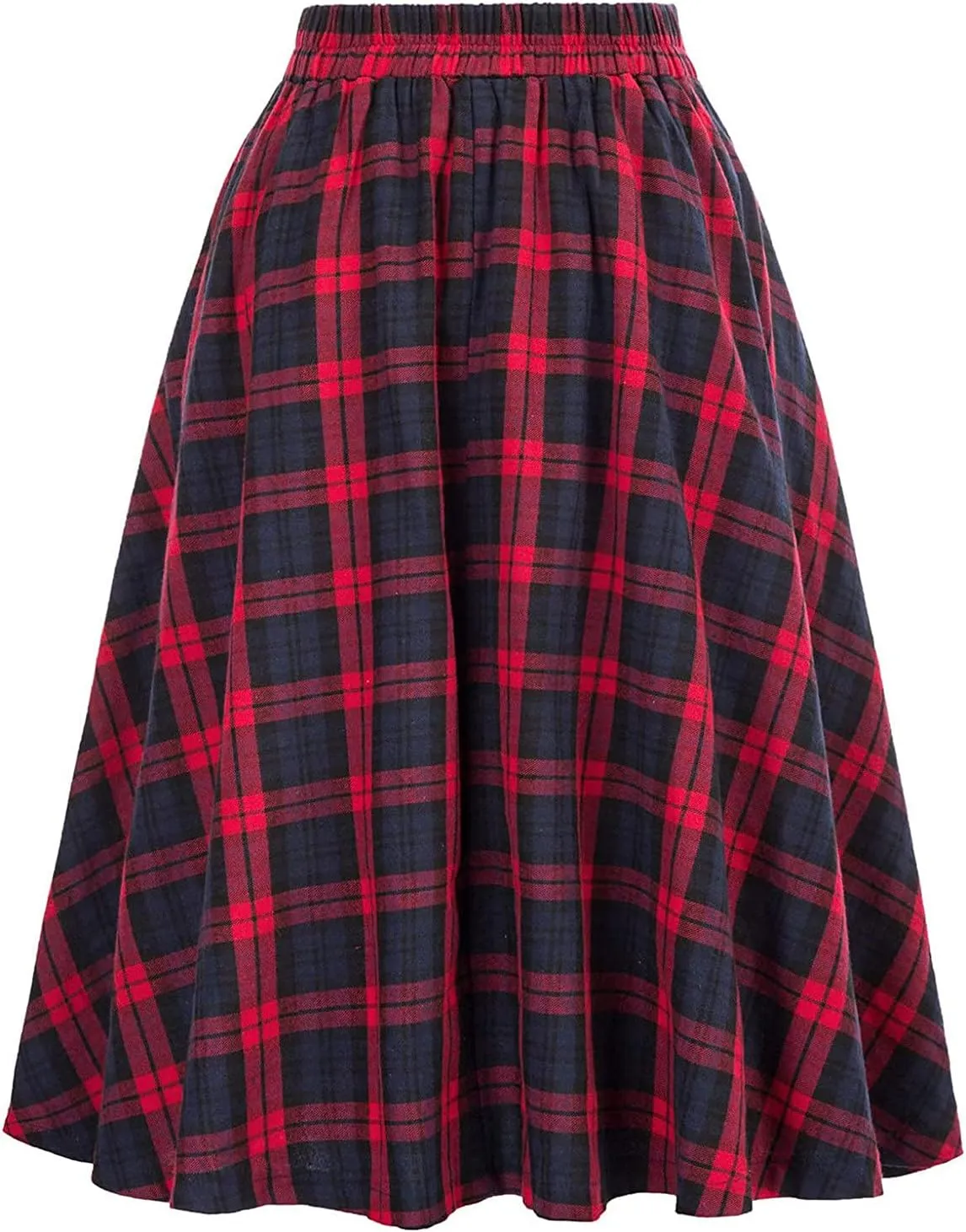 Midi Plaid Skirt for Womens 2024 Fashion Casual Elastic High Waist A-Line Flared Pleated Flowy Tartan Skirts