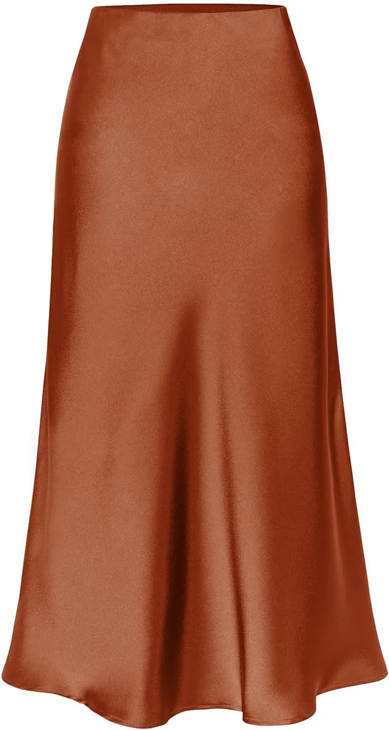 Midi Satin Skirts for Women with Slit Silk Skirts for Women High Waist Silky Side Split Party Flared Casual A Line Midi Skirt
