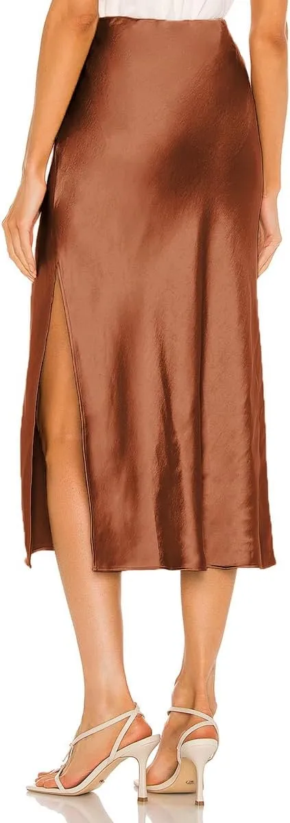 Midi Satin Skirts for Women with Slit Silk Skirts for Women High Waist Silky Side Split Party Flared Casual A Line Midi Skirt