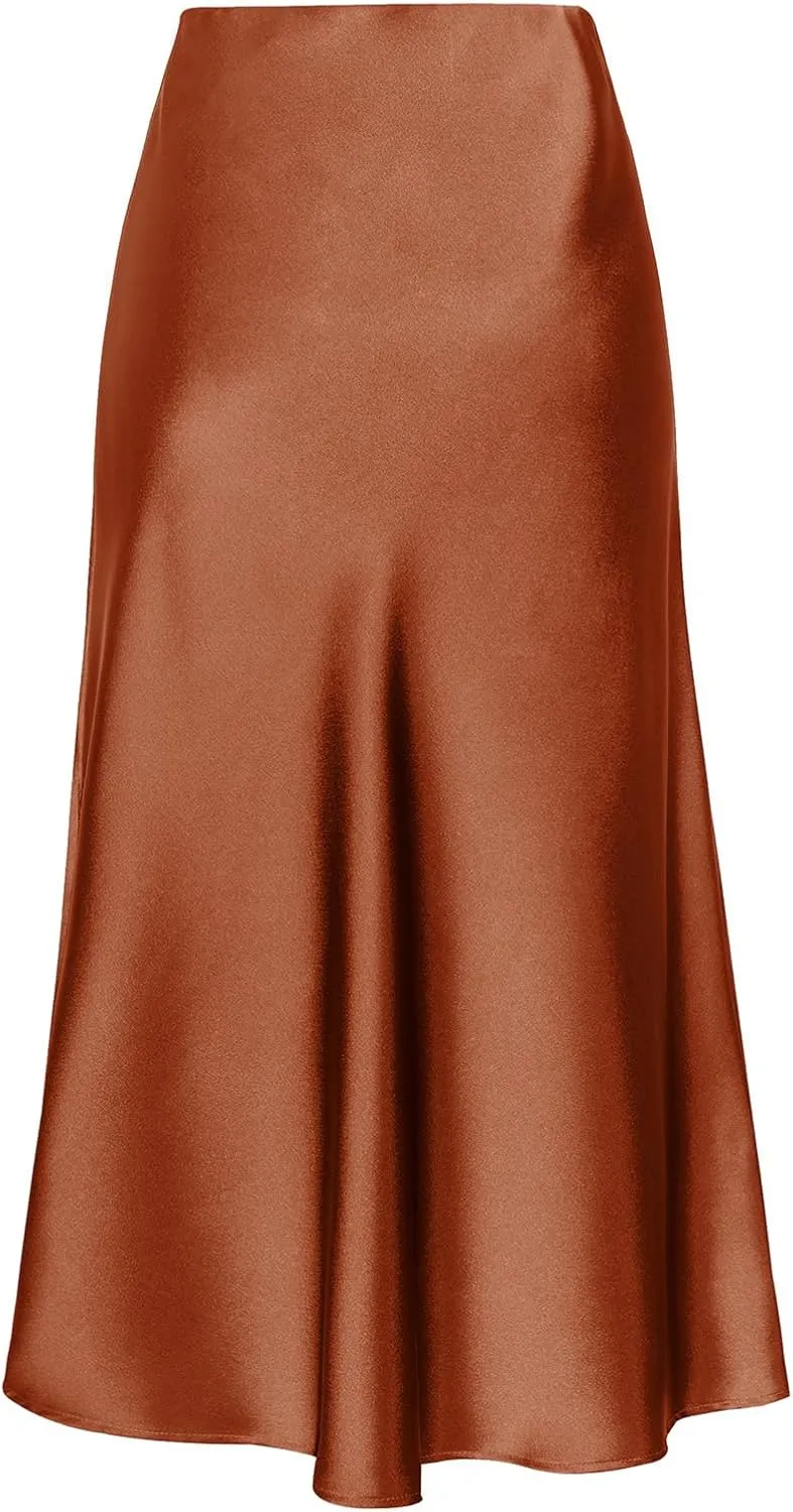 Midi Satin Skirts for Women with Slit Silk Skirts for Women High Waist Silky Side Split Party Flared Casual A Line Midi Skirt