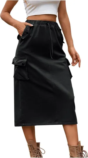 Midi Skirt for Women 2024 Casual Elastic Waist Wrap-Around Skirts Fall Trendy Mid Length Skirts with Pockets Y2k