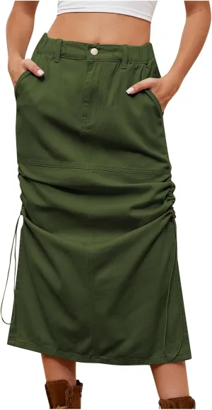 Midi Skirt for Women 2024 Casual Elastic Waist Wrap-Around Skirts Fall Trendy Mid Length Skirts with Pockets Y2k