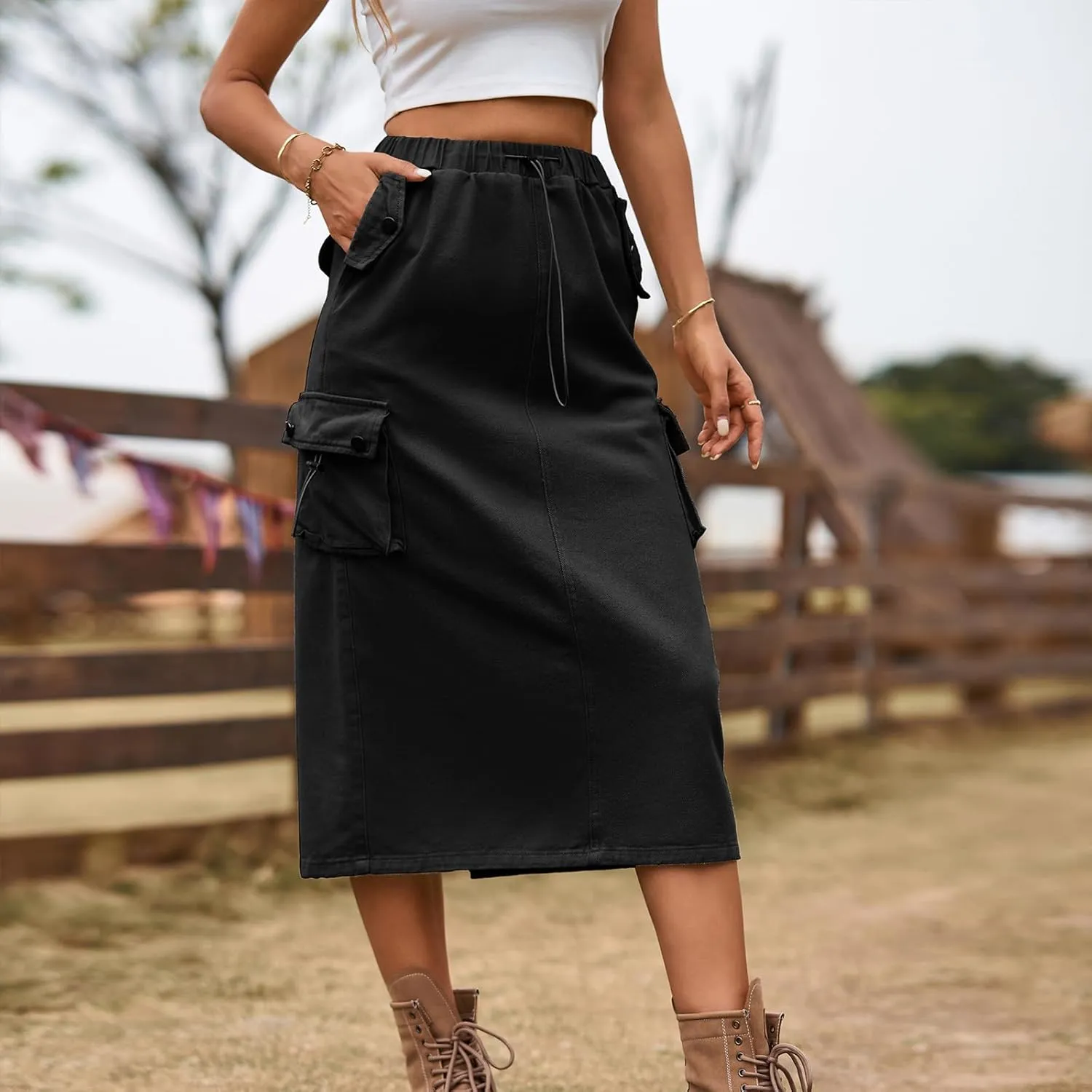 Midi Skirt for Women 2024 Casual Elastic Waist Wrap-Around Skirts Fall Trendy Mid Length Skirts with Pockets Y2k