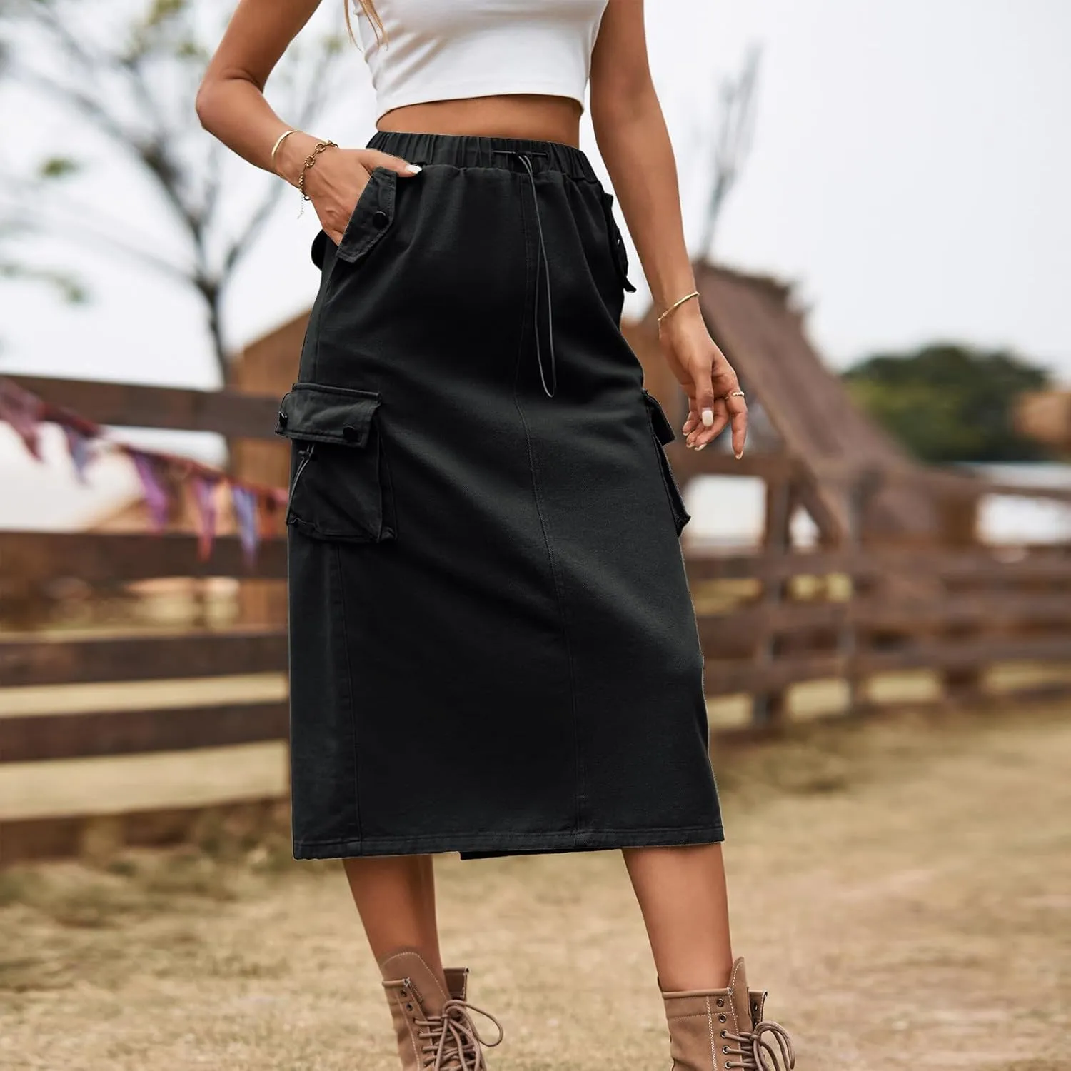 Midi Skirt for Women 2024 Casual Elastic Waist Wrap-Around Skirts Fall Trendy Mid Length Skirts with Pockets Y2k