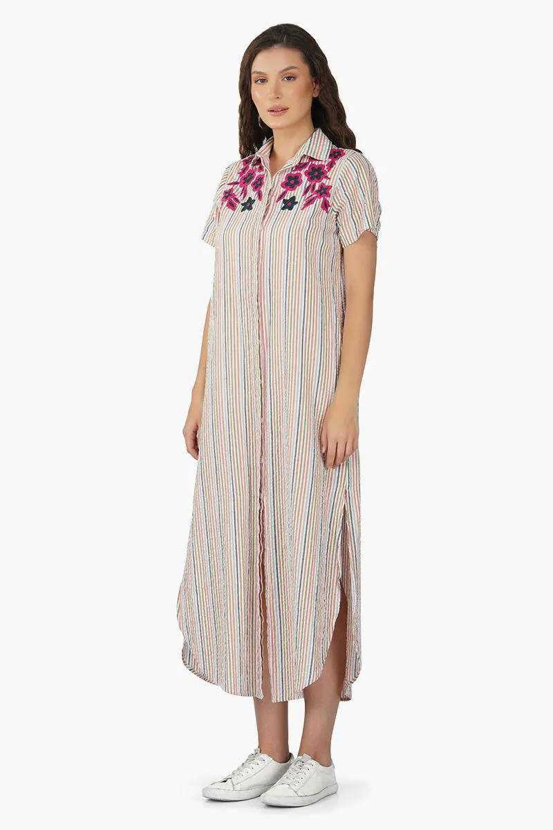 Multicolor Embroidery Striped Shirt Dress