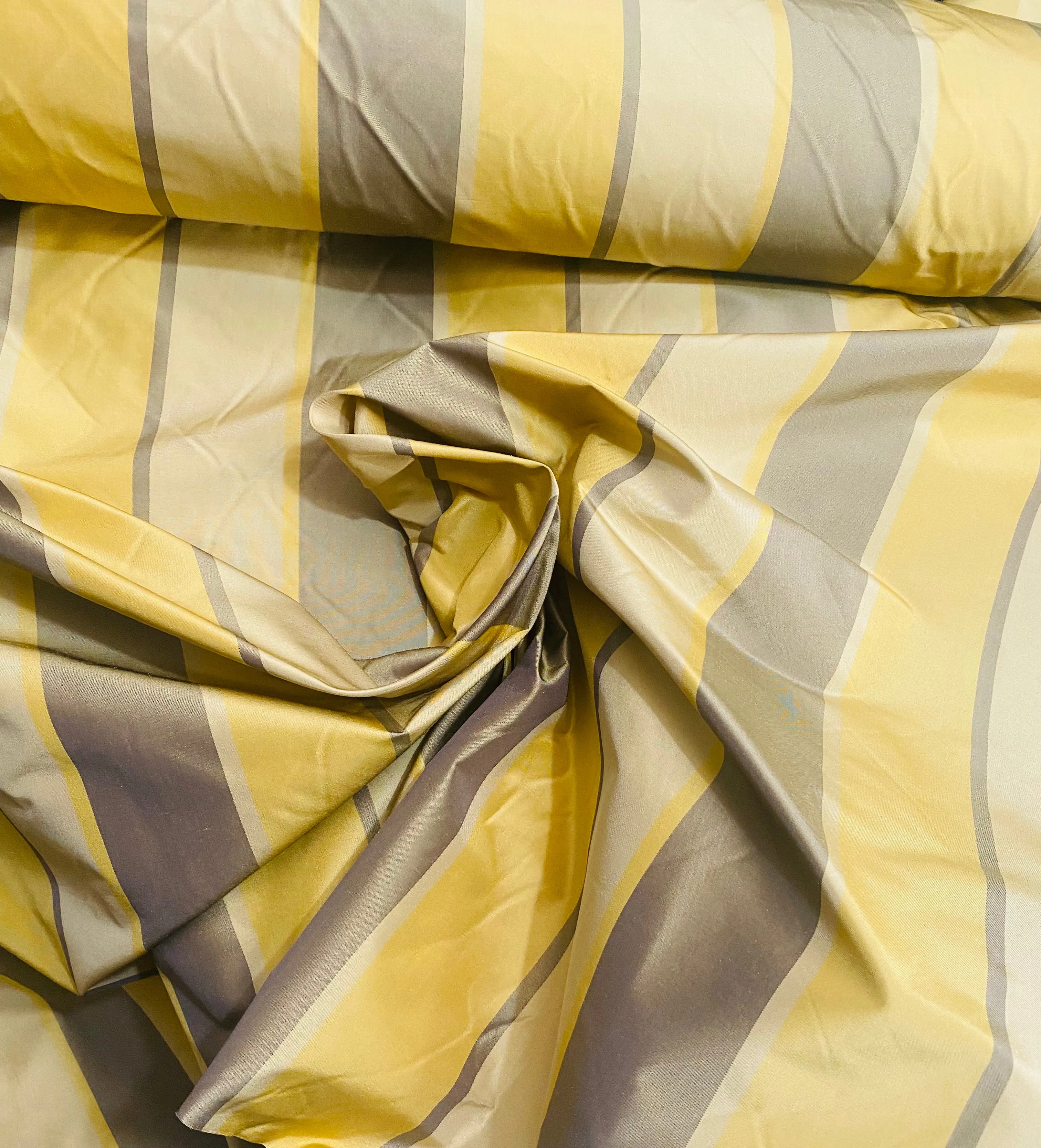 NEW Lady Mira Yellow, Champagne and Gray Stripe 100% Silk Taffeta Fabric