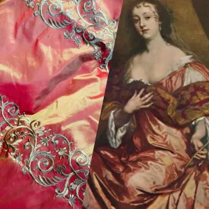 NEW Queen Challance 100% Silk Taffeta Fabric - Embroidered- Fire Red Iridescence