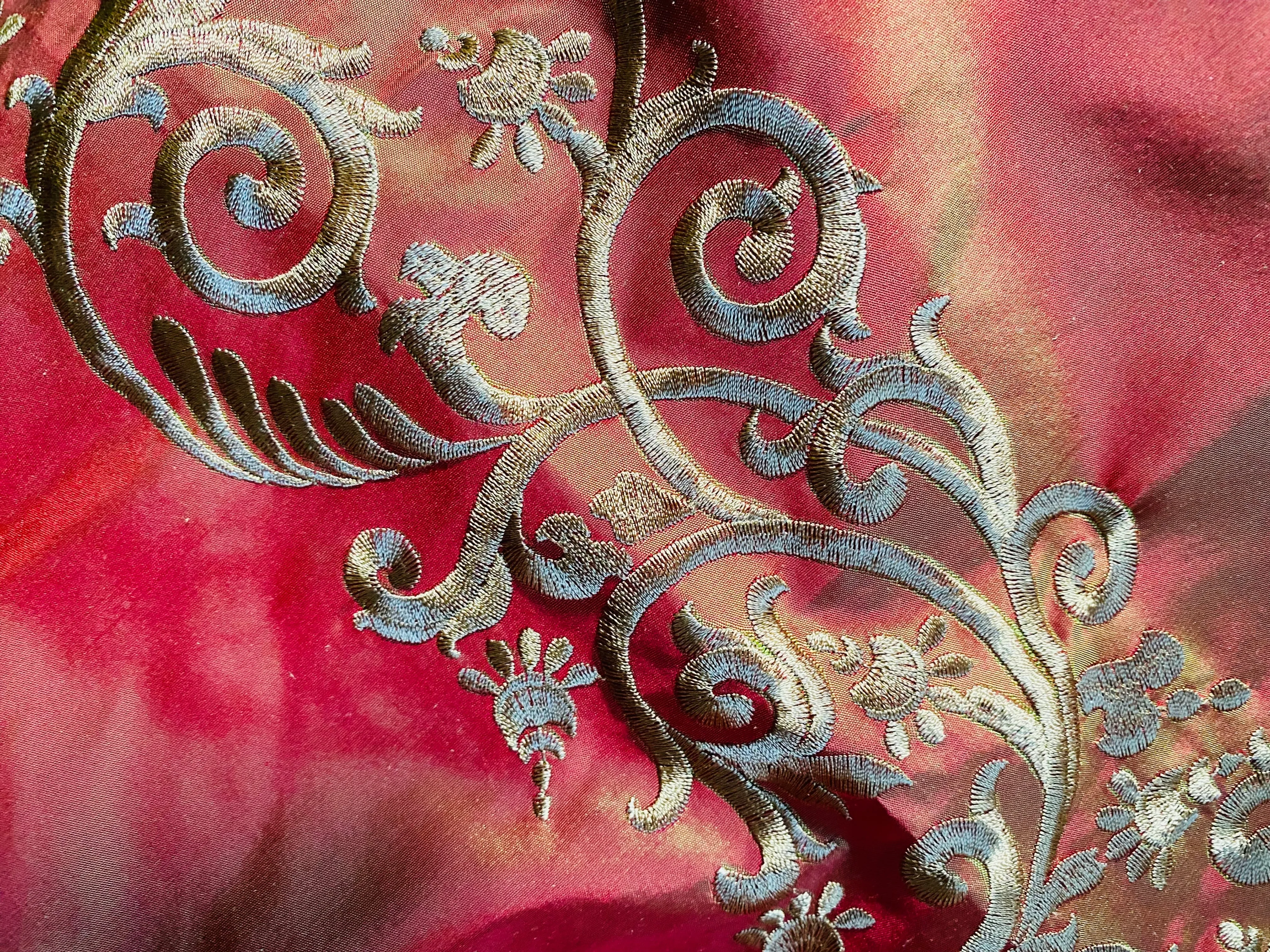 NEW Queen Challance 100% Silk Taffeta Fabric - Embroidered- Fire Red Iridescence
