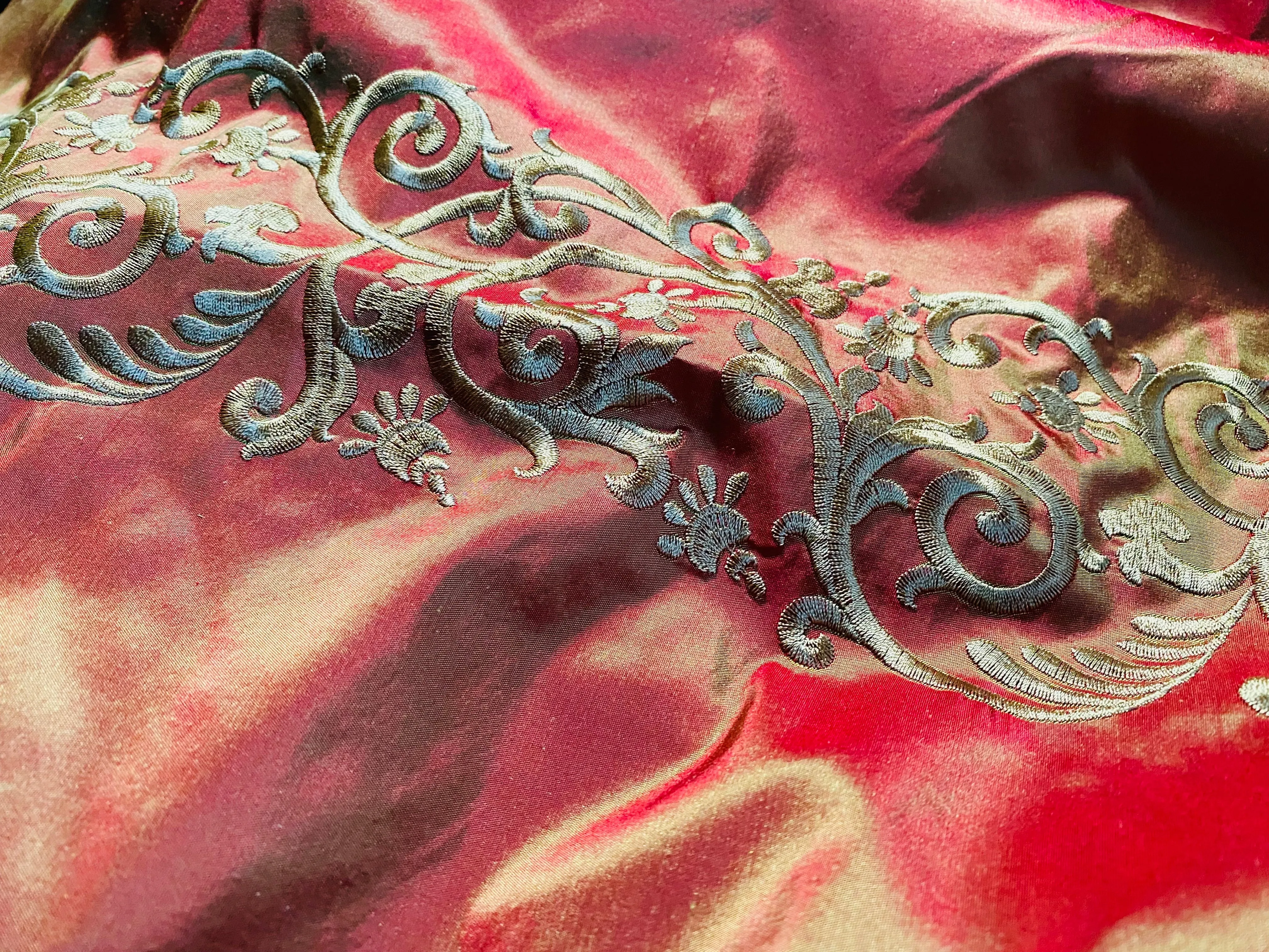 NEW Queen Challance 100% Silk Taffeta Fabric - Embroidered- Fire Red Iridescence