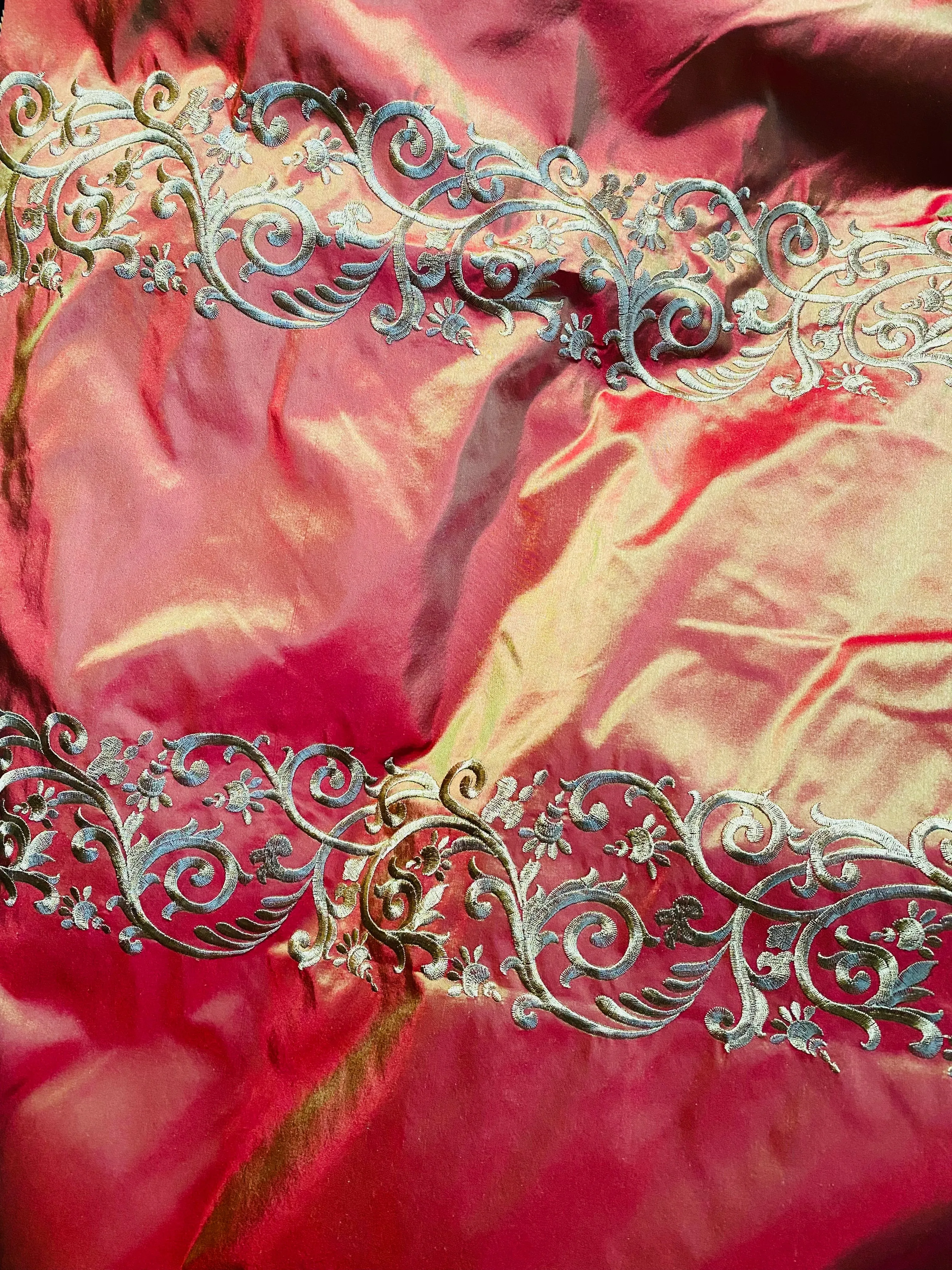 NEW Queen Challance 100% Silk Taffeta Fabric - Embroidered- Fire Red Iridescence