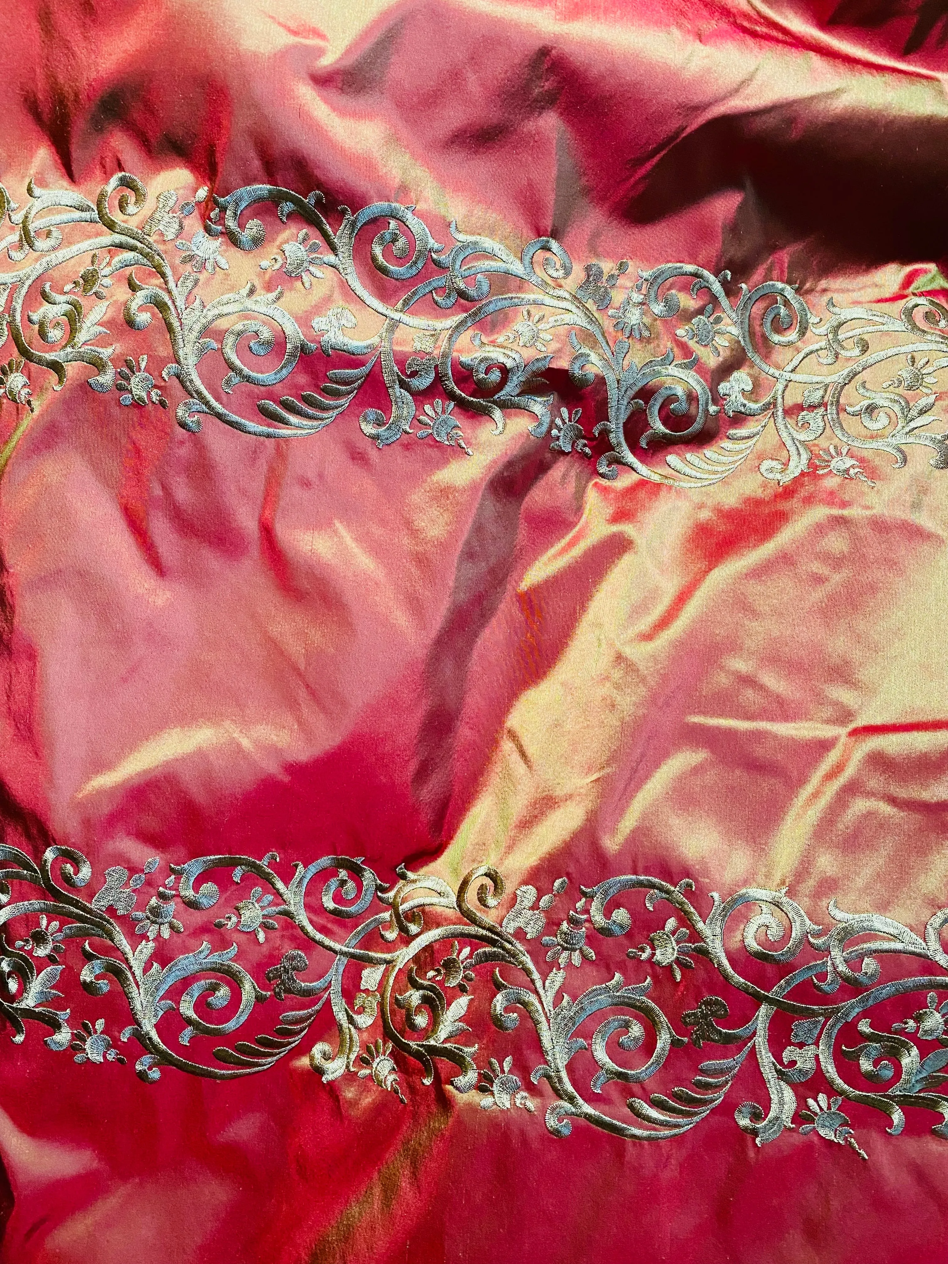 NEW Queen Challance 100% Silk Taffeta Fabric - Embroidered- Fire Red Iridescence