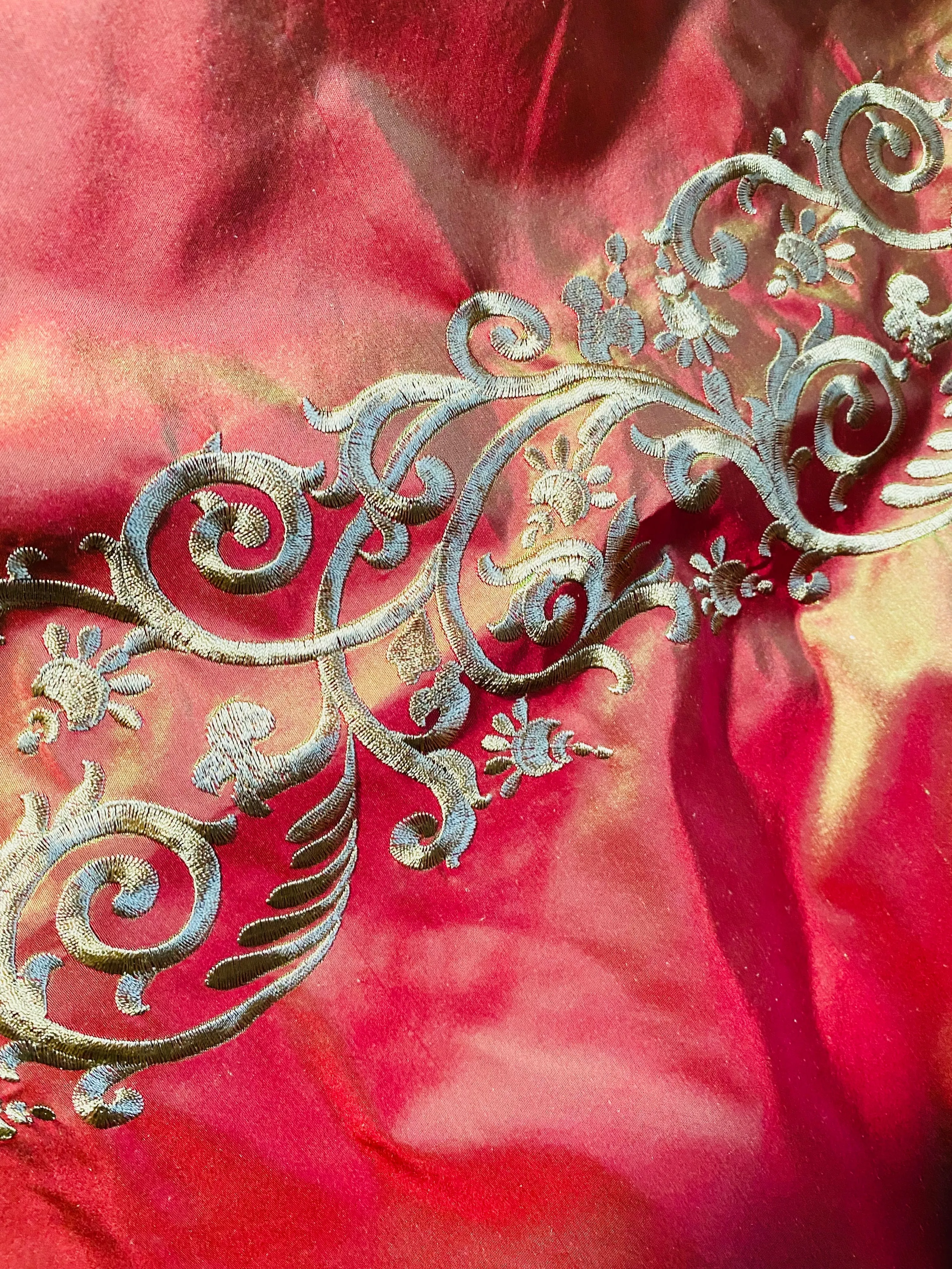 NEW Queen Challance 100% Silk Taffeta Fabric - Embroidered- Fire Red Iridescence