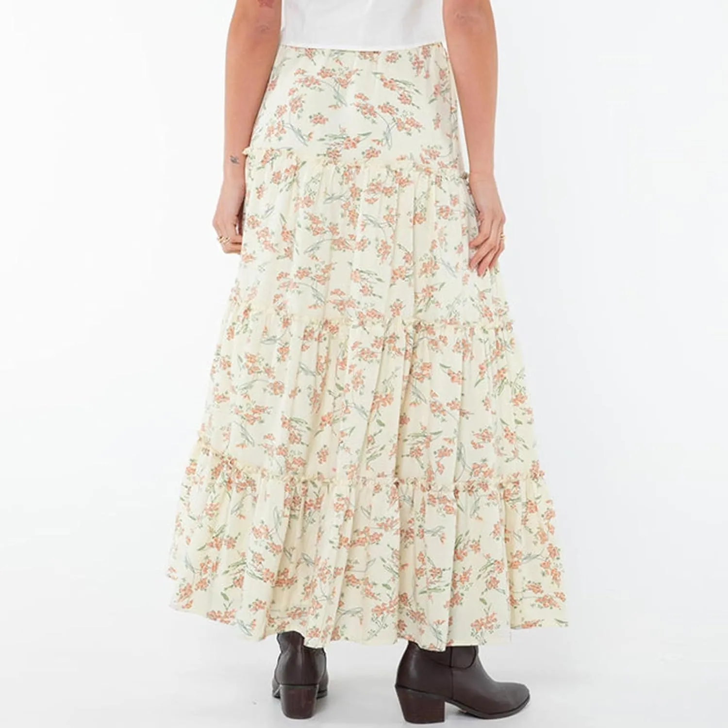 Owl's-Yard Women's Summer Maxi Skirts Floral Print/Solid Color Elastic Waist Spring Big Swing Skirts Casual Beach Skirts