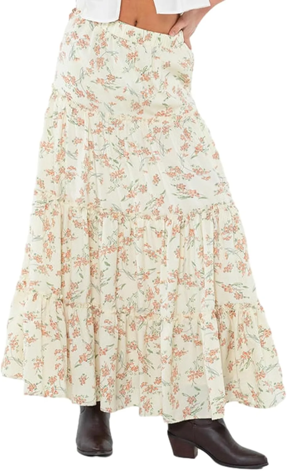 Owl's-Yard Women's Summer Maxi Skirts Floral Print/Solid Color Elastic Waist Spring Big Swing Skirts Casual Beach Skirts