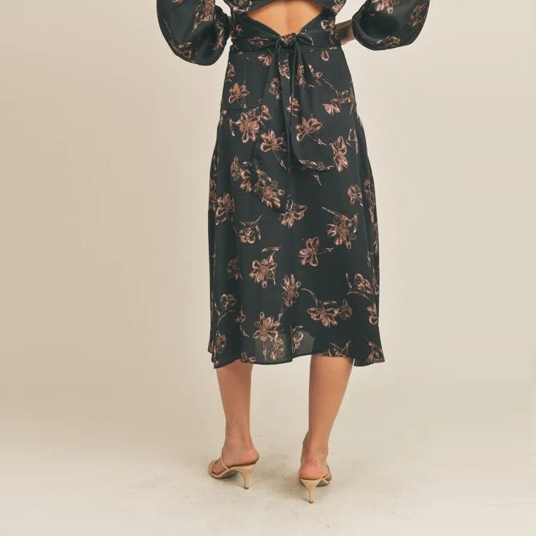 Side Slit Floral Print Skirt (Black Mauve Floral)