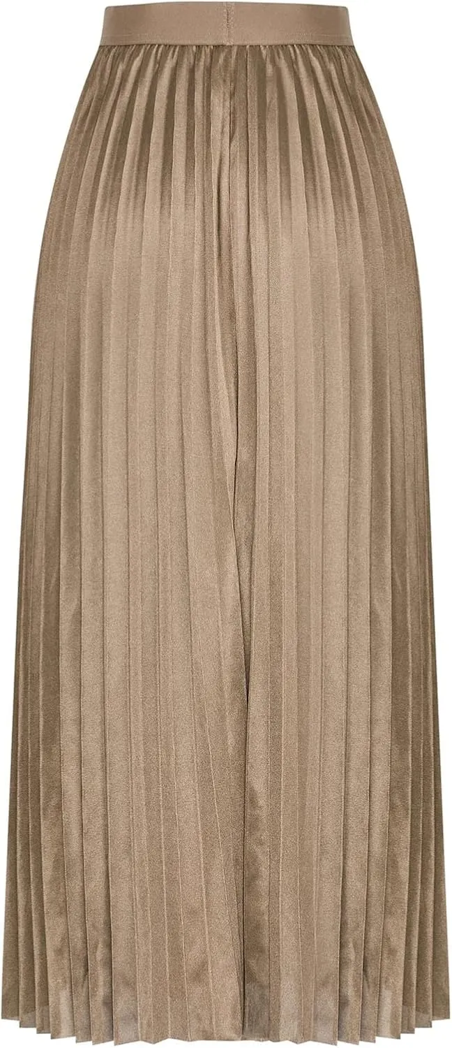 Skirts for Women 2024 Plain Satin Pleated Skirt High Waisted A-Line Swing Skirts Casual Silk Ruched Long Skirts