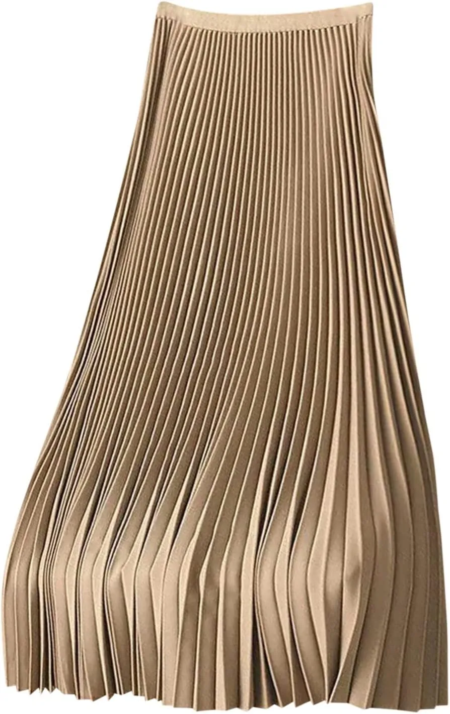 Skirts for Women 2024 Plain Satin Pleated Skirt High Waisted A-Line Swing Skirts Casual Silk Ruched Long Skirts