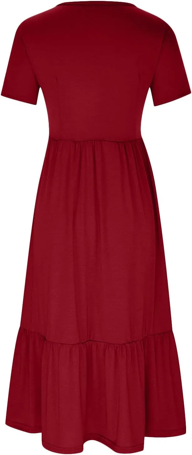 Summer Dresses for Women 2025 Short Sleeve Crewneck Dress with Pockets Ruffle Hem Dress Flowy Tiered Maxi Beach Dress