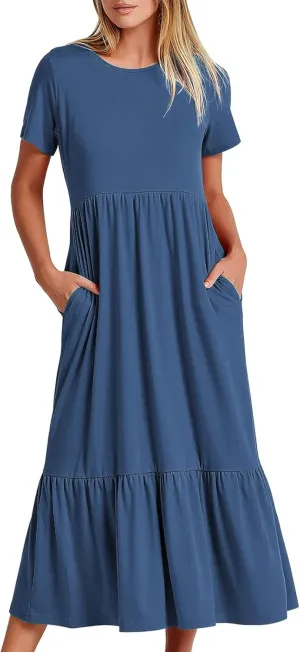 Summer Dresses for Women 2025 Short Sleeve Crewneck Dress with Pockets Ruffle Hem Dress Flowy Tiered Maxi Beach Dress