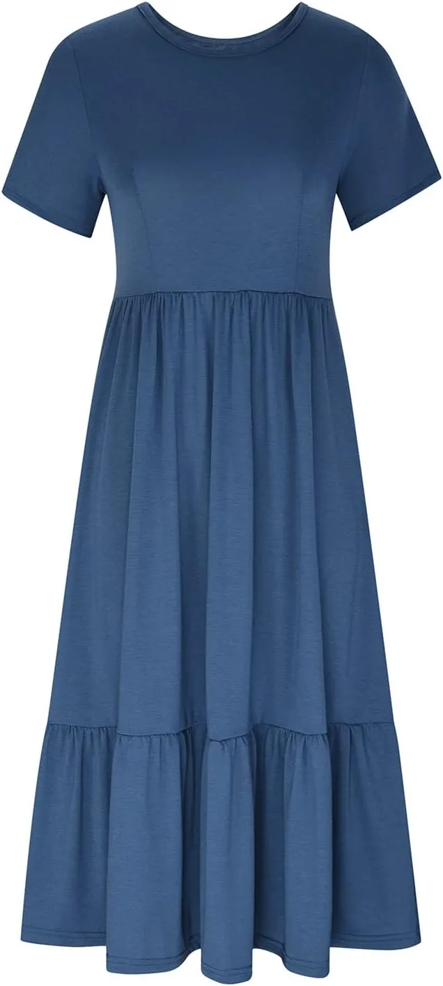 Summer Dresses for Women 2025 Short Sleeve Crewneck Dress with Pockets Ruffle Hem Dress Flowy Tiered Maxi Beach Dress