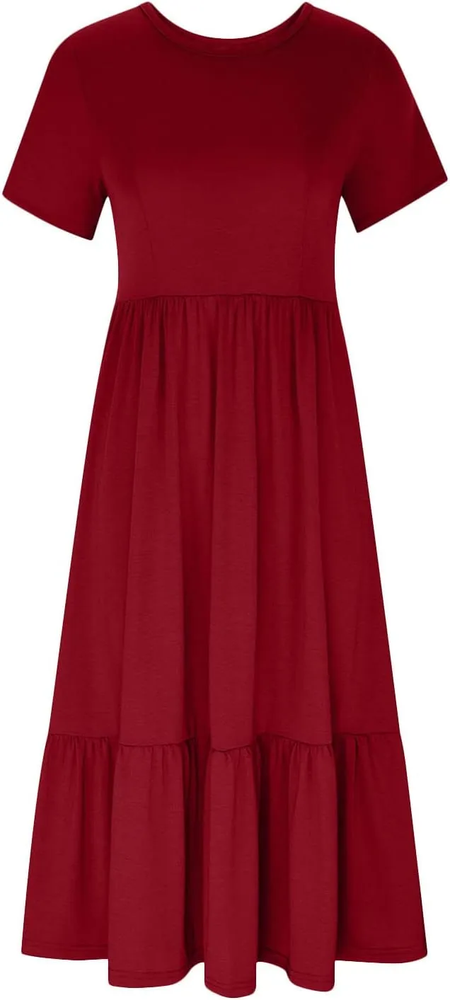 Summer Dresses for Women 2025 Short Sleeve Crewneck Dress with Pockets Ruffle Hem Dress Flowy Tiered Maxi Beach Dress