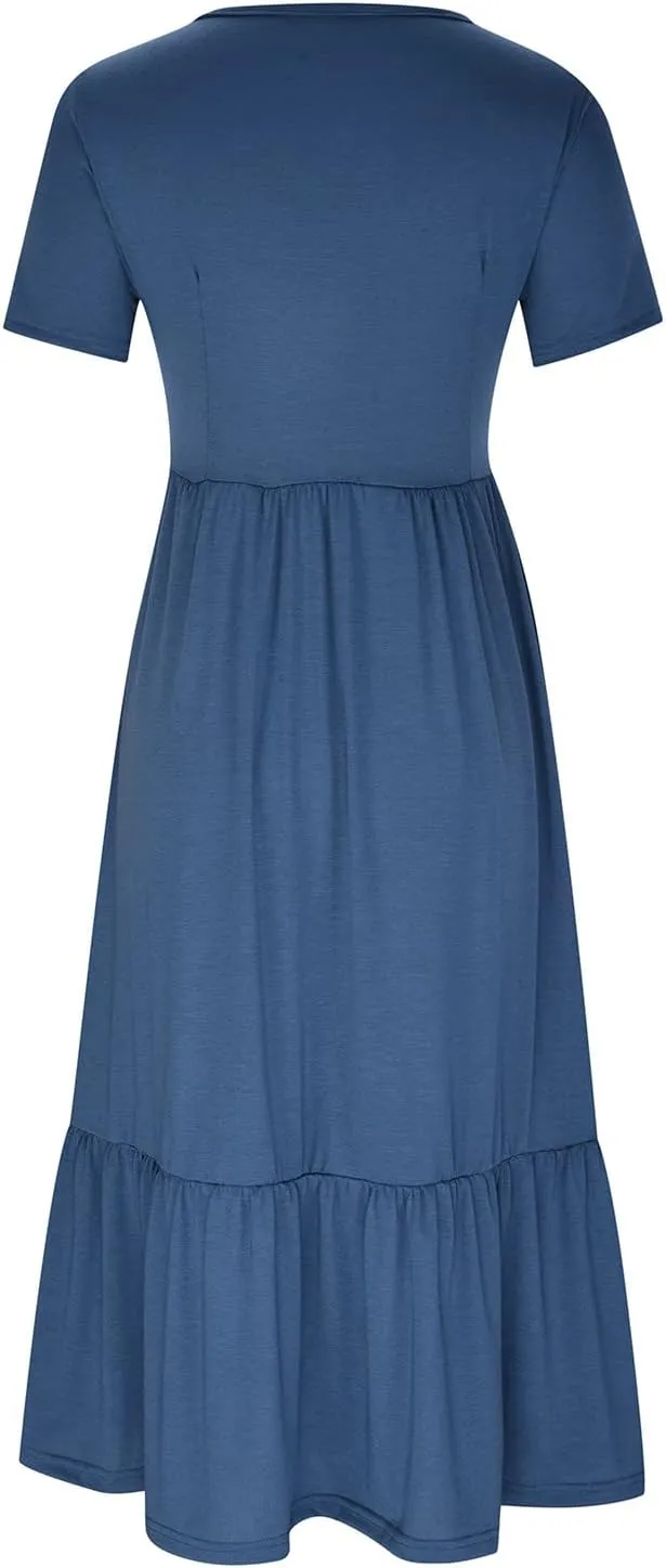 Summer Dresses for Women 2025 Short Sleeve Crewneck Dress with Pockets Ruffle Hem Dress Flowy Tiered Maxi Beach Dress