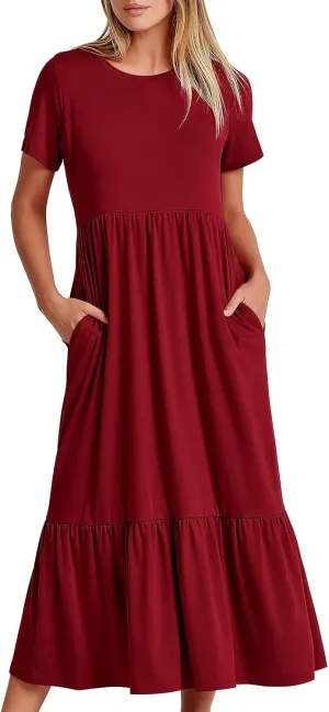 Summer Dresses for Women 2025 Short Sleeve Crewneck Dress with Pockets Ruffle Hem Dress Flowy Tiered Maxi Beach Dress