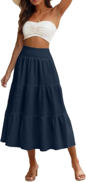 Summer Skirts for Women 2025 Vacation Elastic High Waisted Linen Maxi Skirt Casual Summer Beach Cover Up Skirts