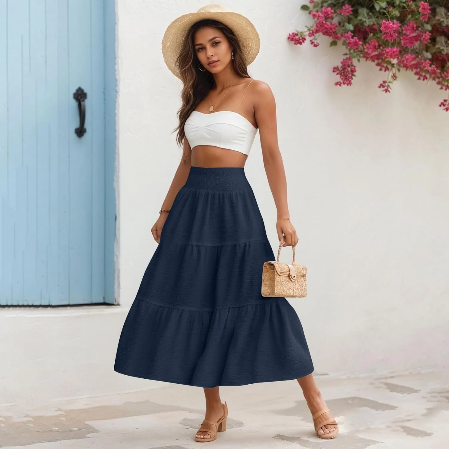 Summer Skirts for Women 2025 Vacation Elastic High Waisted Linen Maxi Skirt Casual Summer Beach Cover Up Skirts