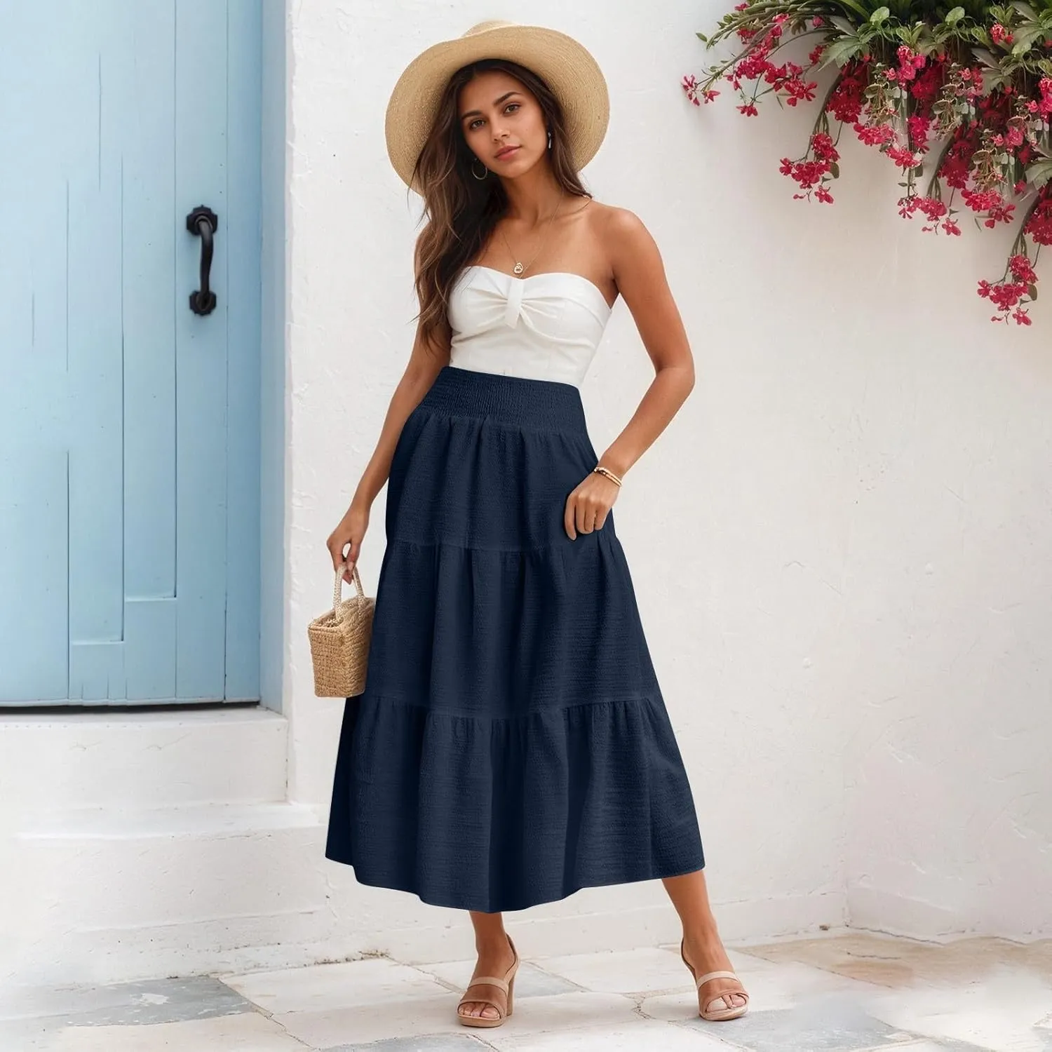 Summer Skirts for Women 2025 Vacation Elastic High Waisted Linen Maxi Skirt Casual Summer Beach Cover Up Skirts