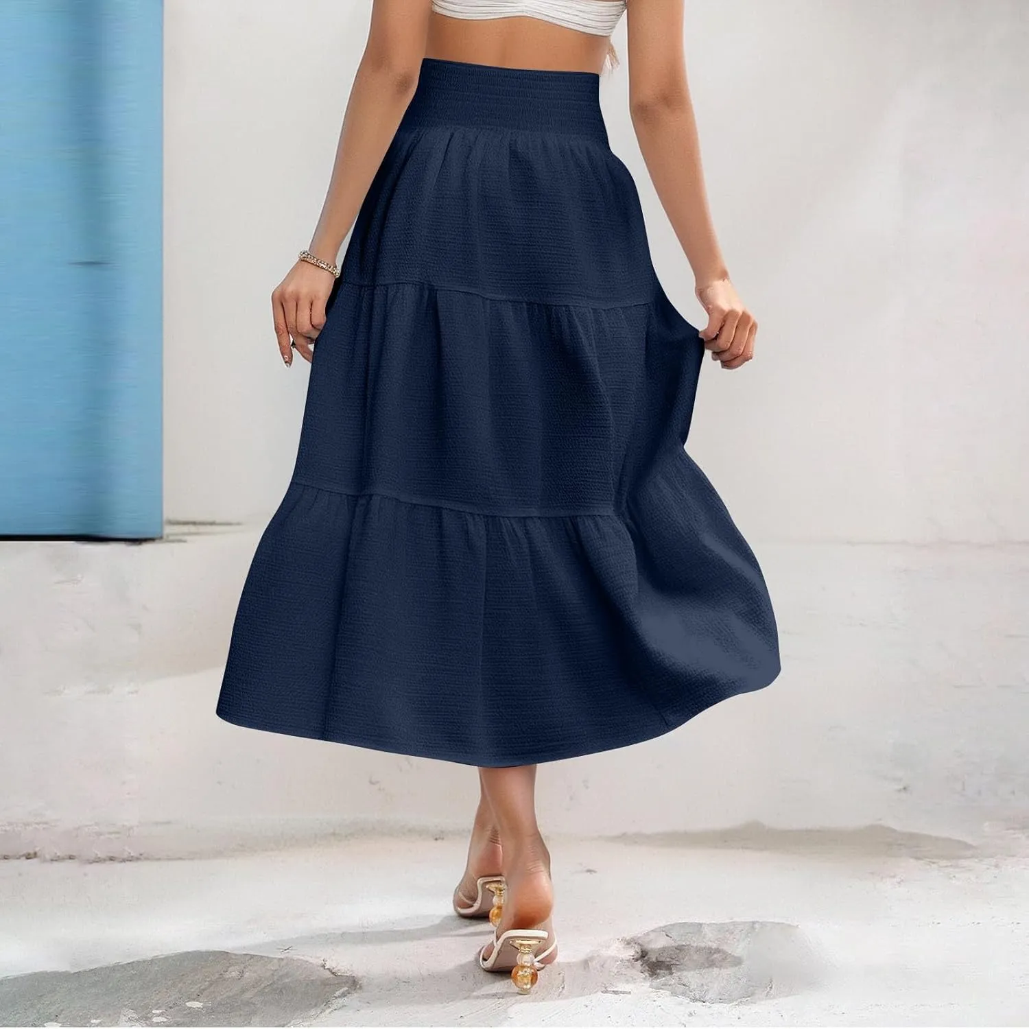Summer Skirts for Women 2025 Vacation Elastic High Waisted Linen Maxi Skirt Casual Summer Beach Cover Up Skirts