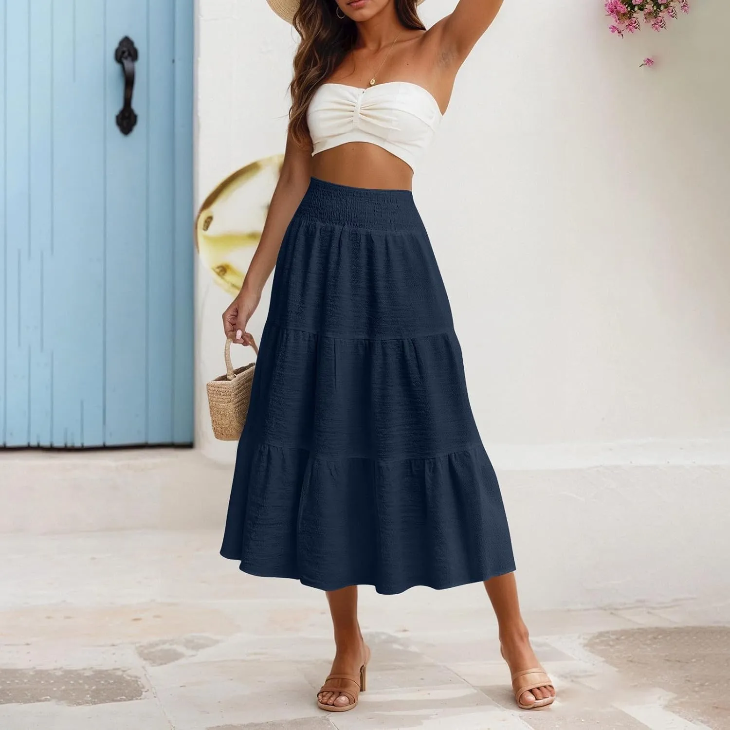 Summer Skirts for Women 2025 Vacation Elastic High Waisted Linen Maxi Skirt Casual Summer Beach Cover Up Skirts