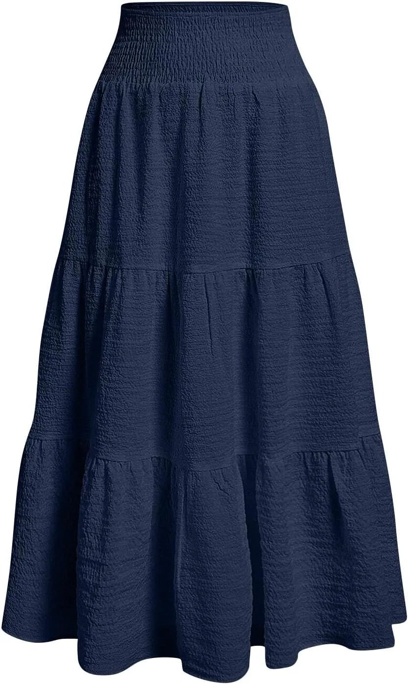 Summer Skirts for Women 2025 Vacation Elastic High Waisted Linen Maxi Skirt Casual Summer Beach Cover Up Skirts